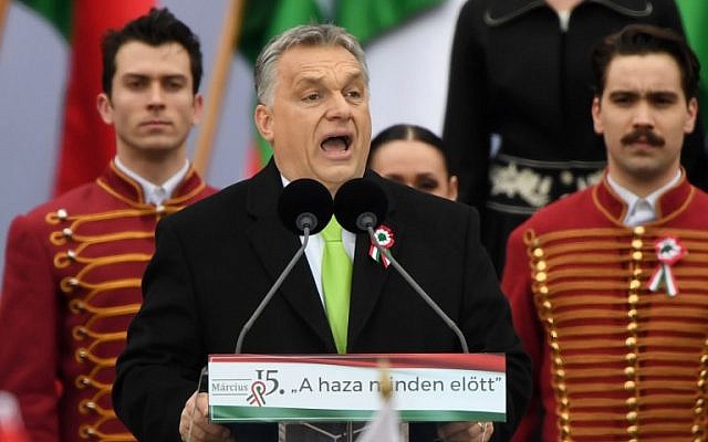 Hungarian Prime Minister Viktor Orban delivers a speech in front of the Hungarian Parliament in Budapest on March 15, 2018, during the official commemoration of the 170th anniversary of the 1848-1849 Hungarian revolution. (AFP Photo/Attila Kisbenedek) Hungarian Prime Minister Viktor Orban delivers a speech in front of the Hungarian Parliament in Budapest on March 15, 2018, during the official commemoration of the 170th anniversary of the 1848-1849 Hungarian revolution. (AFP Photo/Attila Kisbenedek)