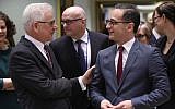 Polish Minister of Foreign Affairs Jacek Czaputowicz, left, speaks with German Minister of Foreign Affairs Heiko Maas, right, ahead of a Foreign Affairs minister meeting at EU headquarters in Brussels on March 19, 2018.  (JOHN THYS/AFP)