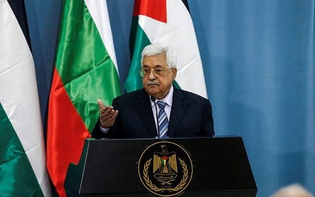 Palestinian Authority President Mahmoud Abbas gestures with his hand during a joint press conference with the visiting Bulgarian president at the Palestinian Authority headquarters in the West Bank city of Ramallah on March 22, 2018. (AFP PHOTO / ABBAS MOMANI) Palestinian Authority President Mahmoud Abbas gestures with his hand during a joint press conference with the visiting Bulgarian president at the Palestinian Authority headquarters in the West Bank city of Ramallah on March 22, 2018. (AFP PHOTO / ABBAS MOMANI)