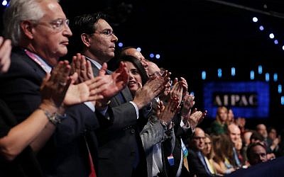 Attendees applaud US Vice President Mike Pence during his address to the American Israel Public Affairs Committee's annual policy conference in Washington, DC, on March 5, 2018. (Chip Somodevilla/Getty Images/AFP)