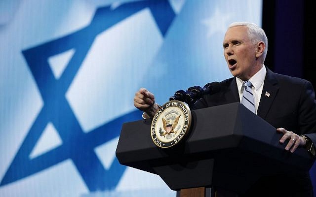 File: US Vice President Mike Pence addresses the AIPAC annual policy conference at the Washington Convention Center, March 5, 2018. (Chip Somodevilla/Getty Images/AFP) File: US Vice President Mike Pence addresses the AIPAC annual policy conference at the Washington Convention Center, March 5, 2018. (Chip Somodevilla/Getty Images/AFP)