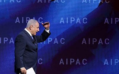Israeli Prime Minister Benjamin Netanyahu addresses the American Israel Public Affairs Committee's annual policy conference at the Washington Convention Center March 6, 2018 in Washington, DC. (Chip Somodevilla/Getty Images/AFP)