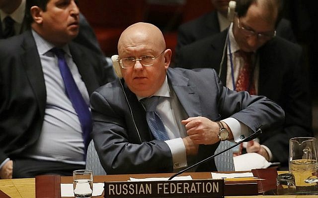 Russian Ambassador to the United Nations Vassily Nebenzia addresses the assembly during a UN Security Council meeting on the situation in Syria at the United Nations on March 12, 2018 in New York City. (Spencer Platt/Getty Images/AFP) Russian Ambassador to the United Nations Vassily Nebenzia addresses the assembly during a UN Security Council meeting on the situation in Syria at the United Nations on March 12, 2018 in New York City. (Spencer Platt/Getty Images/AFP)
