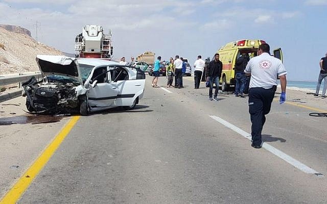 Scene of a car accident on highway 90 near the Dead Sea on March 16, 2018. (Magen David Adom) Scene of a car accident on highway 90 near the Dead Sea on March 16, 2018. (Magen David Adom)