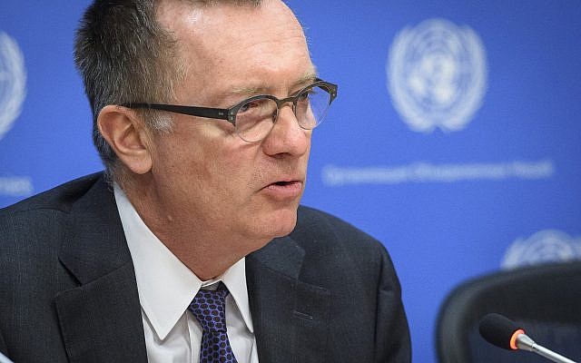 Jeffrey Feltman briefs journalists at the end of his tenure on March 29, 2018. (UN/Loey Felipe)