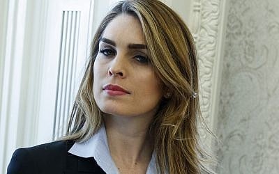 In this February 9, 2018 photo, White House Communications Director Hope Hicks is shown during a meeting in the Oval Office between US President Donald Trump and Shane Bouvet, in Washington. (AP Photo/Evan Vucci)