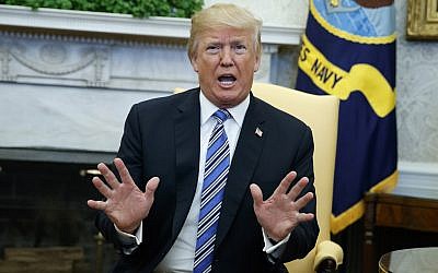 US President Donald Trump speaks during a meeting with Israeli Prime Minister Benjamin Netanyahu in the Oval Office of the White House,  in Washington, DC, on March 5, 2018. (AP/Evan Vucci)