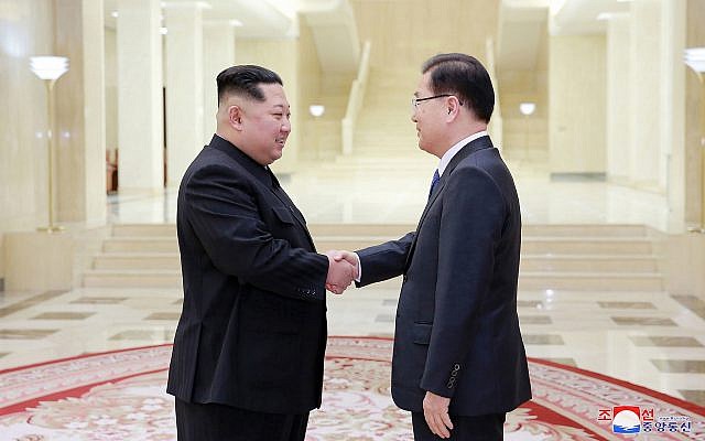 In this photo from March 5, 2018, provided by the North Korean government, North Korean leader Kim Jong Un, left, shakes hands with South Korean National Security Director Chung Eui-yong in Pyongyang, North Korea. (Korean Central News Agency/Korea News Service via AP) In this photo from March 5, 2018, provided by the North Korean government, North Korean leader Kim Jong Un, left, shakes hands with South Korean National Security Director Chung Eui-yong in Pyongyang, North Korea. (Korean Central News Agency/Korea News Service via AP)