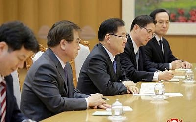 In this Monday, March 5, 2018 photo, provided by the North Korean government, South Korean National Security Director Chung Eui-yong, center, talks with North Korean leader Kim Jong Un, unseen, in Pyongyang, North Korea (Korean Central News Agency/Korea News Service via AP) In this Monday, March 5, 2018 photo, provided by the North Korean government, South Korean National Security Director Chung Eui-yong, center, talks with North Korean leader Kim Jong Un, unseen, in Pyongyang, North Korea (Korean Central News Agency/Korea News Service via AP)