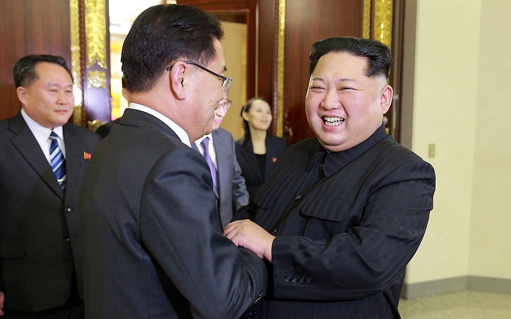 In this Monday, March 5, 2018 photo, provided by the North Korean government, North Korean leader Kim Jong Un, front right, meets South Korean National Security Director Chung Eui-yong, front left, in Pyongyang, North Korea (Korean Central News Agency/Korea News Service via AP) In this Monday, March 5, 2018 photo, provided by the North Korean government, North Korean leader Kim Jong Un, front right, meets South Korean National Security Director Chung Eui-yong, front left, in Pyongyang, North Korea (Korean Central News Agency/Korea News Service via AP)