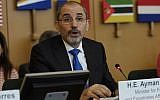 Jordan's Foreign Minister Ayman Safadi delivers his speech during a United Nations Relief and Works Agency for Palestine Refugees in the Near East, UNRWA, conference, in Rome, March 15, 2018. (AP Photo/Andrew Medichini)