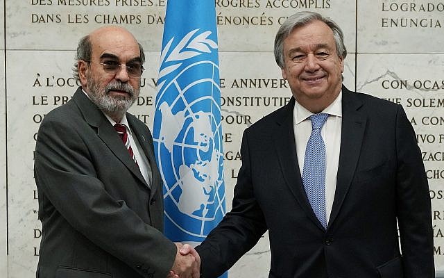 FAO, United Nations Food and Agriculture Organization, Director General Graziano Da Silva, left, shakes hands with UN Secretary General Antonio Guterres as he arrives to attend a United Nations Relief and Works Agency for Palestine Refugees in the Near East, UNRWA, conference, in Rome, March 15, 2018. (AP Photo/Andrew Medichini) FAO, United Nations Food and Agriculture Organization, Director General Graziano Da Silva, left, shakes hands with UN Secretary General Antonio Guterres as he arrives to attend a United Nations Relief and Works Agency for Palestine Refugees in the Near East, UNRWA, conference, in Rome, March 15, 2018. (AP Photo/Andrew Medichini)