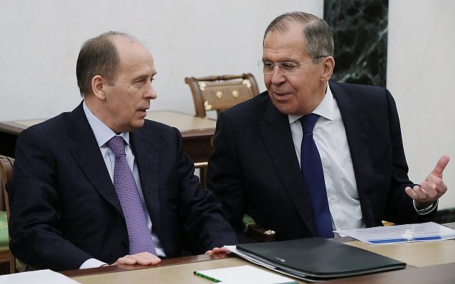 Russian Foreign Minister Sergey Lavrov (r) speaks to Federal Security Service (FSB) Director Alexander Bortnikov as they attend a security council meeting in the Kremlin in Moscow, Russia, March 15, 2018. (Mikhail Klimentyev, Sputnik, Kremlin Pool Photo via AP) Russian Foreign Minister Sergey Lavrov (r) speaks to Federal Security Service (FSB) Director Alexander Bortnikov as they attend a security council meeting in the Kremlin in Moscow, Russia, March 15, 2018. (Mikhail Klimentyev, Sputnik, Kremlin Pool Photo via AP)