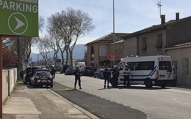 Police respond to a suspecter terror attack in Trebes, southern France, on March 23, 2018. (Newsflare/Tarbouriech Roseline via AP) Police respond to a suspecter terror attack in Trebes, southern France, on March 23, 2018. (Newsflare/Tarbouriech Roseline via AP)