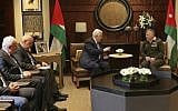 Jordan's King Abdullah II (right), meets with Palestinian Authority President Mahmoud Abbas and their delegations at the Royal Palace, in Amman, Jordan, January 29, 2018. (Khalil Mazraawi, Pool via AP)