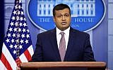 White House deputy press secretary Raj Shah talks to reporters during the daily press briefing in the Brady press briefing room at the White House, in Washington, February 8, 2018. (AP Photo/Manuel Balce Ceneta)