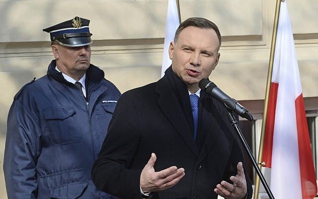 Polish President Andrzej Duda speaks during ceremonies marking the 50th anniversary of student protests that were exploited by the communists to purge Jews from Poland, at the Warsaw University in Warsaw, Poland, Thursday, March 8, 2018 (AP Photo/Alik Keplicz)