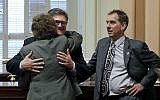 In this April 30, 2015 file photo, state Sen. Bob Hertzberg, center, gives Sen. Lois Wolk, a hug as Sen. Bob Wieckowski, looks on at the Capitol in Sacramento, Calif. (AP Photo/Rich Pedroncelli)