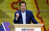 Former California Gov. Arnold Schwarzenegger speaks at the first New Way California Summit, a political committee eager to reshape the state GOP, at the Hollenbeck Youth Center in Los Angeles, Wednesday, March 21, 2018. (AP Photo/Damian Dovarganes)