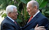 Then-Israeli PM Ehud Olmert meets with Palestinian President Mahmoud Abbas, in Jerusalem, on November 17, 2008. (Moshe Milner GPO/Flash90)