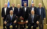 Top row: Former Mossad chiefs from L to R: Danny Yatom, Tamir Pardo, Zvi Zamir, Shabtai Shavit, Nahum Admoni and Efraim Halevy.  Bottom row: Prime Minister Benjamin Netanyahu (L) and President Reuven Rivlin host a candle lighting ceremony for of the Jewish holiday of Hanukkah at the President's residence in Jerusalem on December 18, 2014. (Haim Zach / GPO)