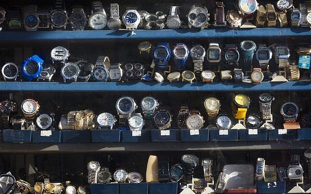 Watches for sale at the market in Jaffo-Tel Aviv. January 3, 2016. (Esther Rubyan/FLASH90) Watches for sale at the market in Jaffo-Tel Aviv. January 3, 2016. (Esther Rubyan/FLASH90)