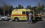 Illustrative: Magen David Adom paramedics responding to a call in Maale Adumim on April 28, 2016. (Hadas Parush/Flash90)