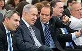 Prime Minister Benjamin Netanyahu (2L) seen with Jerusalem Mayor Nir Barkat (C) and Jerusalem Minister Zeev Elkin (L) during a special cabinet meeting in Jerusalem on June 2, 2016. (Marc Israel Sellem/POOL)
