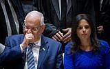 President Reuven Rivlin, left, and Justice Minister Justice Ayelet Shaked during a ceremony at the President's Residence in Jerusalem, on October 26, 2017. (Miriam Alster/Flash90)