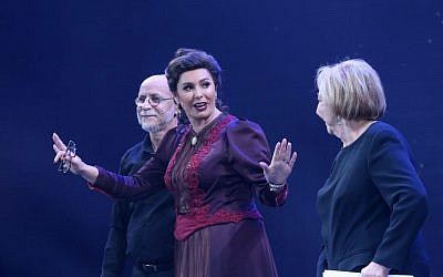 Culture Minister Miri Regev plays in part of a play by Anton Chekhov during the celebrations of the 100th anniversary of the Habima Theater in Tel Aviv, on February 18, 2018. (Flash90)