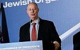 Regional Cooperation Minister Tzachi Hanegbi speaks at the Conference of Presidents of Major American Jewish Organizations, at the Inbal Hotel in Jerusalem, on February 19, 2018 (Yonatan Sindel/Flash90)
