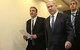Prime Minister Benjamin Netanyahu, center, and Nir Hefetz, left, arrive at the weekly cabinet meeting held in the Prime Minister's Office in Jerusalem, December 13, 2009. (Yossi Zamir/Flash90)