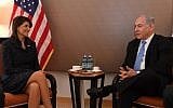 Prime Minister Benjamin Netanyahu meets with United States Ambassador to the UN, Nicky Haley, in New York, USA, on March 8, 2018. (Haim Zach/GPO)