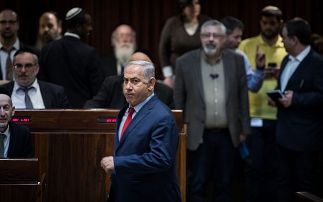 Prime Minister Benjamin Netanyahu is seen running to place his vote, at the Knesset on March 13, 2018. (Hadas Parush/Flash90) Prime Minister Benjamin Netanyahu is seen running to place his vote, at the Knesset on March 13, 2018. (Hadas Parush/Flash90)
