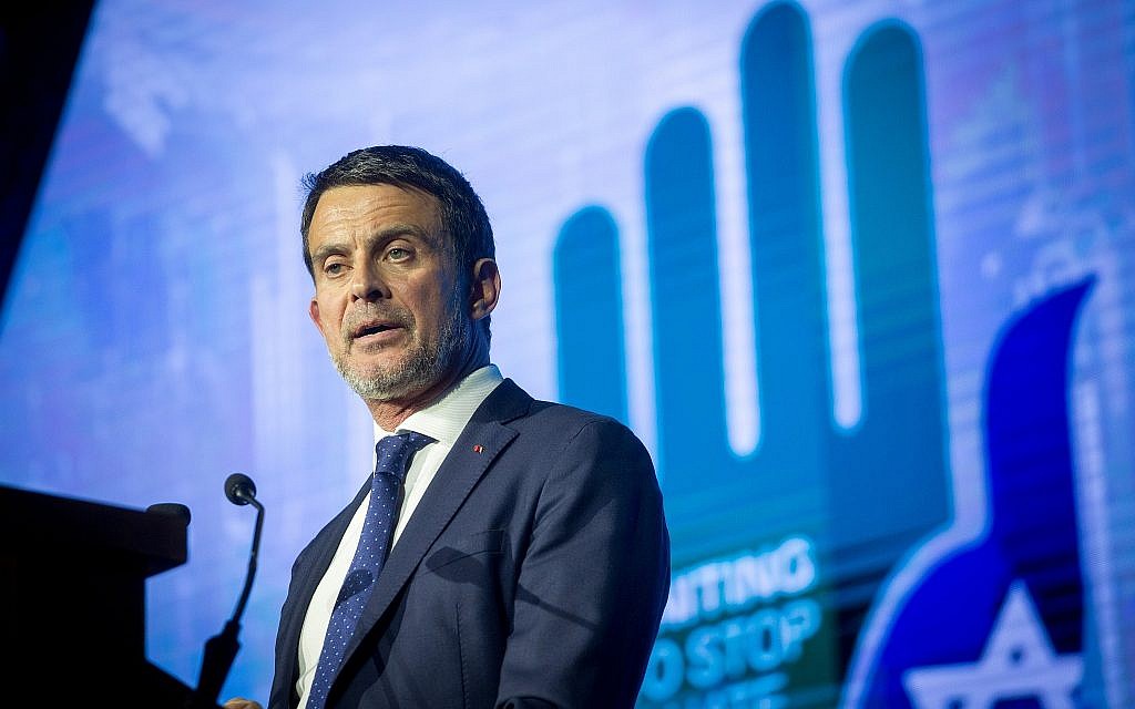 Former French Prime Minister Manuel Valls speaks during the 6th Global Forum for Combating Anti-Semitism at the Jerusalem Convention Center, March 22, 2018. (Miriam Alster/Flash90) Former French Prime Minister Manuel Valls speaks during the 6th Global Forum for Combating Anti-Semitism at the Jerusalem Convention Center, March 22, 2018. (Miriam Alster/Flash90)