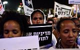 African asylum seekers protest against their deportation of asylum during a demonstration at Rabin Square in Tel Aviv, March 24, 2018. (Gili Yaari/Flash90)