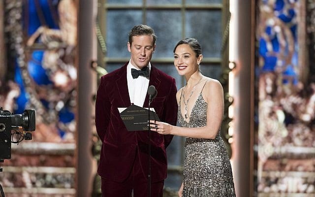 Armie Hammer, left, and Israeli actress Gal Gadot presenting the Academy Award for best hair and makeup at the ceremony in Los Angeles, March 4, 2018. (Craig Sjodin /Getty Images via JTA) Armie Hammer, left, and Israeli actress Gal Gadot presenting the Academy Award for best hair and makeup at the ceremony in Los Angeles, March 4, 2018. (Craig Sjodin /Getty Images via JTA)