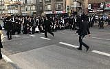 Illustrative: Ultra-Orthodox demonstrators blocking a road in Bnei Brak near Tel Aviv as they protest against the army draft, March 22, 2018. (Police spokesperson)