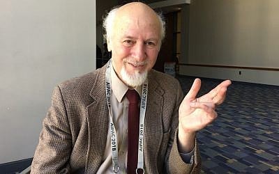 Jerome Segal, a Jewish philosopher who inspired the Palestinian declaration of independence, at the AIPAC policy conference, March 4, 2018. (Ron Kampeas/JTA)