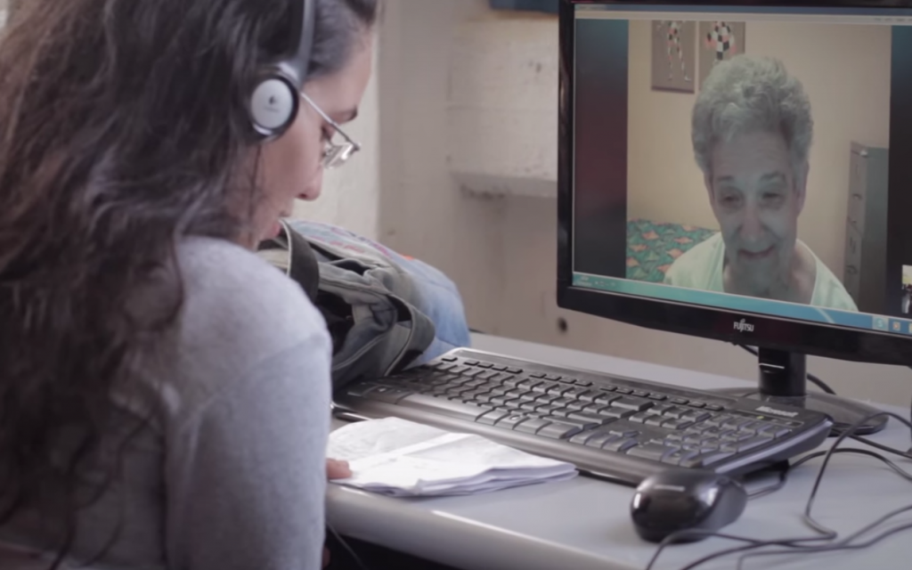 An Israeli high school student videoconferences with a North American baby boomer for a weekly English lesson. (Courtesy of Israel Connect/via JTA) An Israeli high school student videoconferences with a North American baby boomer for a weekly English lesson. (Courtesy of Israel Connect/via JTA)