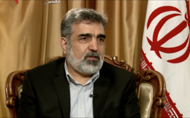 Behrouz Kamalvandi, spokesman for the Atomic Energy Organization of Iran, in an interview with the Iranian Arabic-language al-Alam TV network on March 5, 2018. (Screen capture) Behrouz Kamalvandi, spokesman for the Atomic Energy Organization of Iran, in an interview with the Iranian Arabic-language al-Alam TV network on March 5, 2018. (Screen capture)
