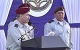 Outgoing head of Central Command Roni Numa (L) speaks at his exchange of command ceremony in East Jerusalem on March 7, 2018 as IDF Chief of Staff Gadi Eisenkot looks on. (Screen capture/Ynet)