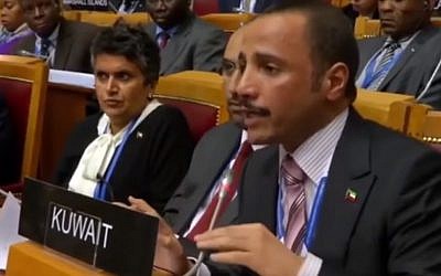 Kuwaiti parliament speaker Marzouq al Ghanim heckles Israeli parliamentarians during a gathering in Saint Petersburg, Russia, last October 2017 (screen capture: YouTube)