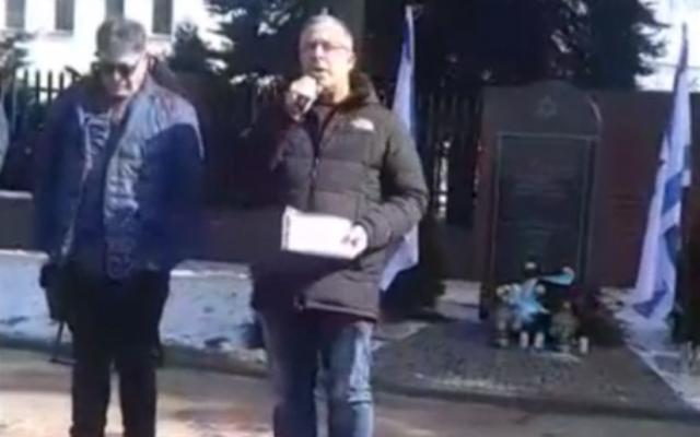 Kiryat Bialik Mayor Eli Dukorsky delivering a speech about the Holocaust during a trip to Poland with Israeli high school students on Monday, March 19, 2018. (Screen capture: Mako) Kiryat Bialik Mayor Eli Dukorsky delivering a speech about the Holocaust during a trip to Poland with Israeli high school students on Monday, March 19, 2018. (Screen capture: Mako)