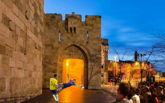 A computerized simulation of a planned soccer penalty shootout at Jaffa Gate in Jerusalem's Old City during the 2018 FIFA World Cup. (Courtesy: Kulna) A computerized simulation of a planned soccer penalty shootout at Jaffa Gate in Jerusalem's Old City during the 2018 FIFA World Cup. (Courtesy: Kulna)