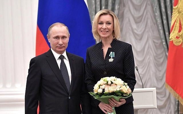 Russian President Vladimir Putin (l) and Russian foreign ministry spokeswoman Maria Zakharova, on January 26, 2017. (CC BY Kremlin.ru, Wikimedia Commons) Russian President Vladimir Putin (l) and Russian foreign ministry spokeswoman Maria Zakharova, on January 26, 2017. (CC BY Kremlin.ru, Wikimedia Commons)