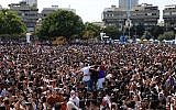 Israelis celebrate the Purim holiday at Kikar Hamedina in Tel Aviv on March 2, 2018. (Guy Yechiely/Tel Aviv Municipality)