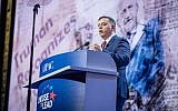 Zionist Union party leader Avi Gabbay addresses the pro-Israel US lobby AIPAC at its policy conference in Washington DC, March 4, 2018. (John Bowel)