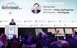 Ronnie Chan, entrepreneur and philanthropist chairman of Hang Lung Group addressing Israeli entrepreneurs at the GoForIsrael conference March 5, 2018 (Courtesy).