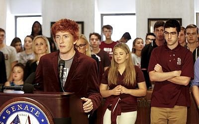 Ryan Deitsch speaking at the Florida State Capitol building in Tallahassee, February 21, 2018. (Don Juan Moore/Getty Images via JTA)